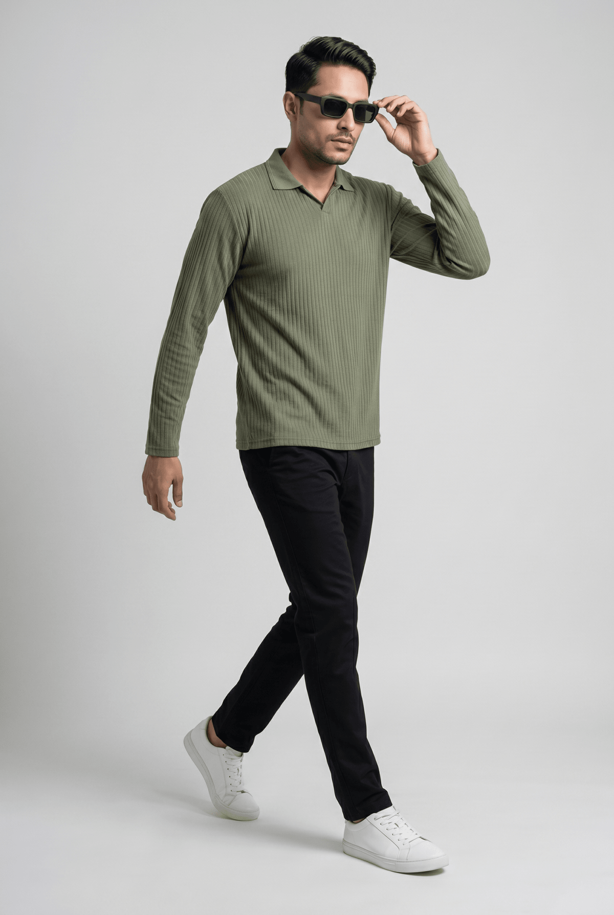 Considered fabric, premium hand-feel — Men's Matcha Full-Sleeve Knitted Polo
