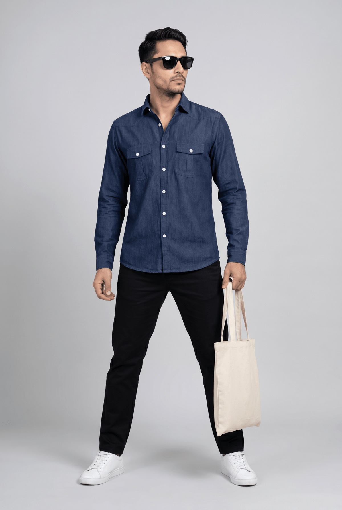 From the office to the evening — Men's Navy Blue Denim Shirt