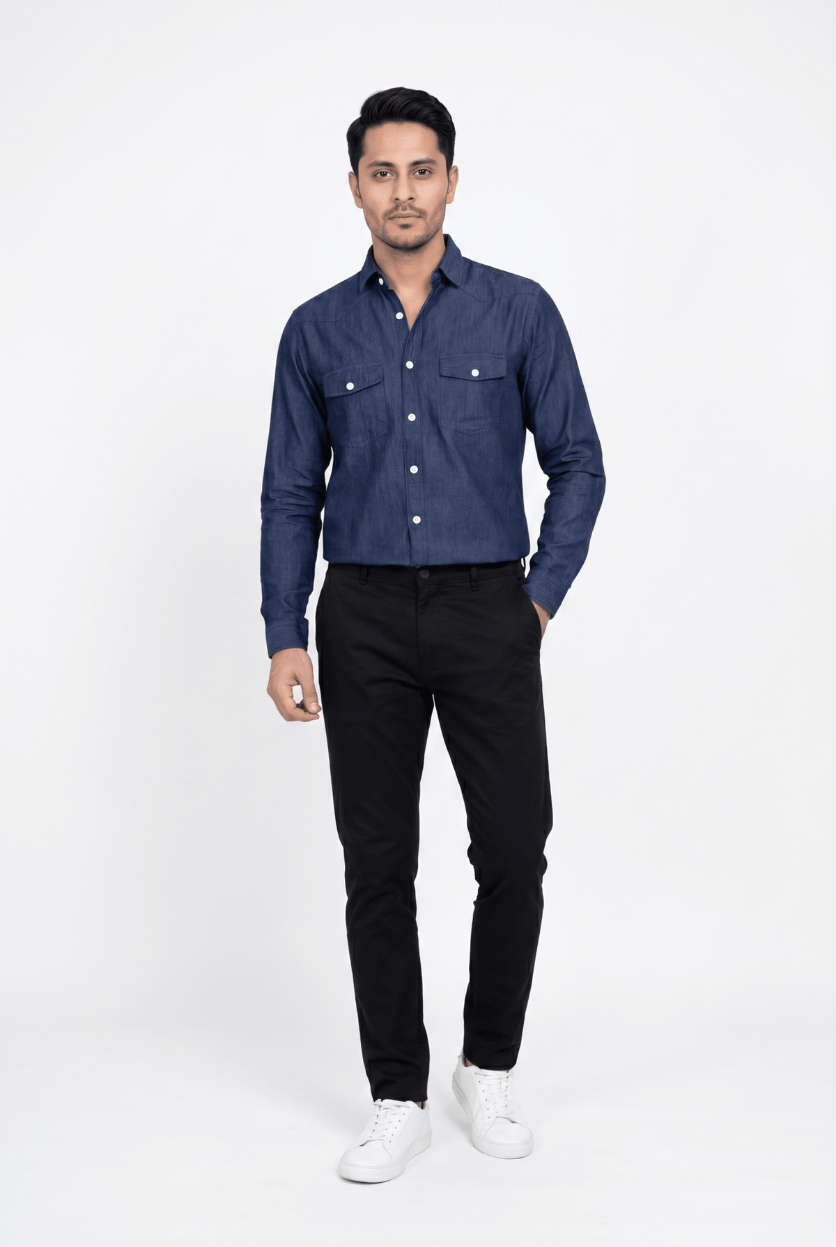Men's Navy Blue Denim Shirt - Garderobe Clothing USAGRB-DNM-NBL-S