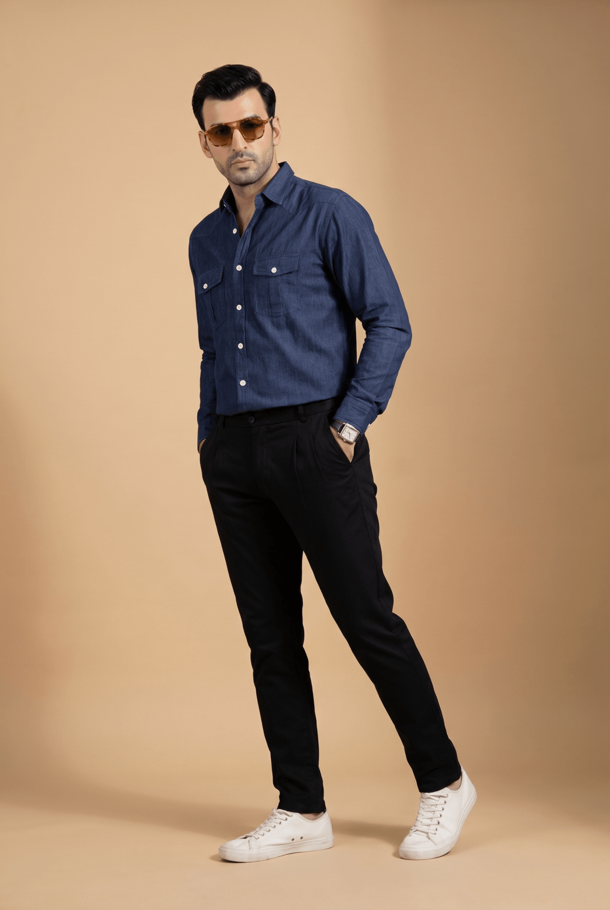 Cut tailored, not tight — Men's Navy Blue Denim Shirt