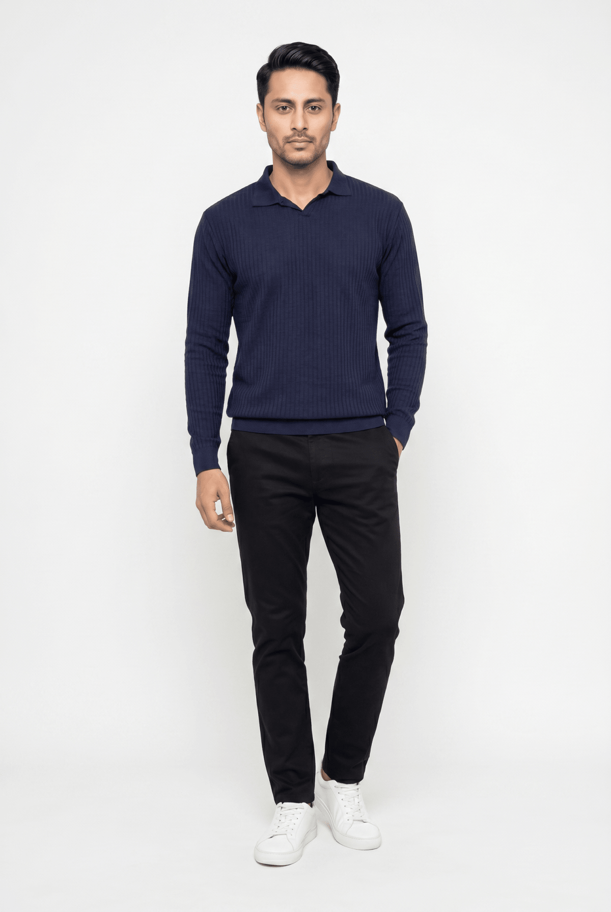 Men's Navy Full-Sleeve Knitted Polo - Garderobe Clothing USAGRB-FS-NVY-S