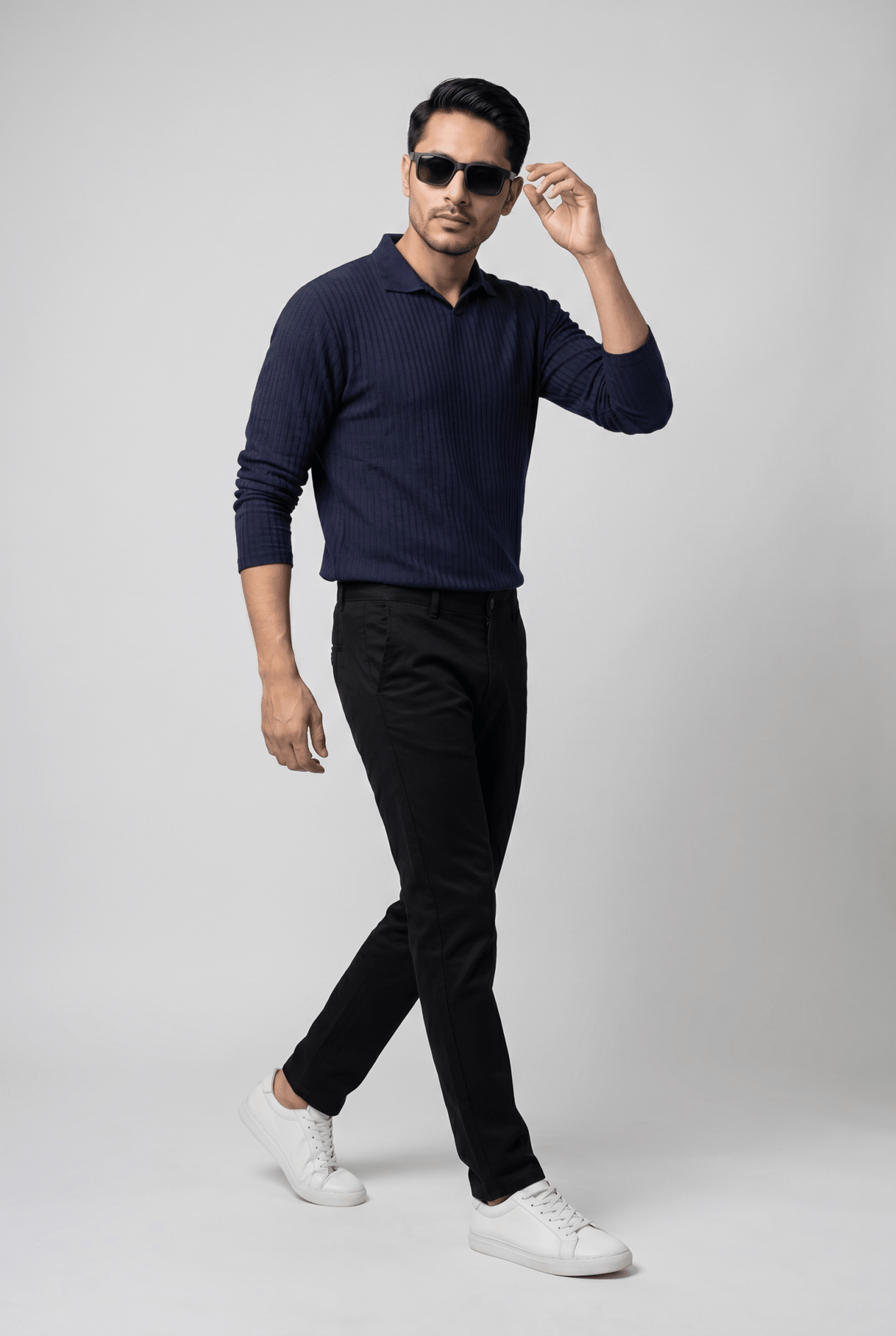 Considered fabric, premium hand-feel — Men's Navy Full-Sleeve Knitted Polo