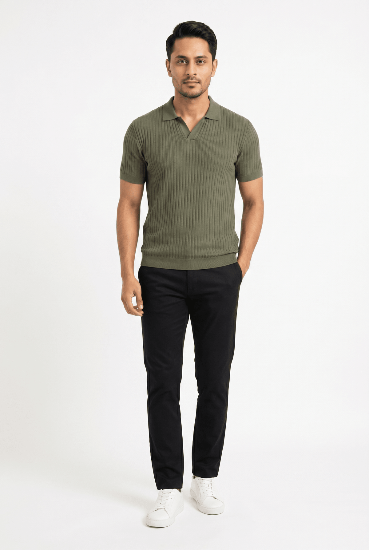 Men's Olive Mist Knitted Polo - Garderobe Clothing USAGRB-KNT-OLV-S