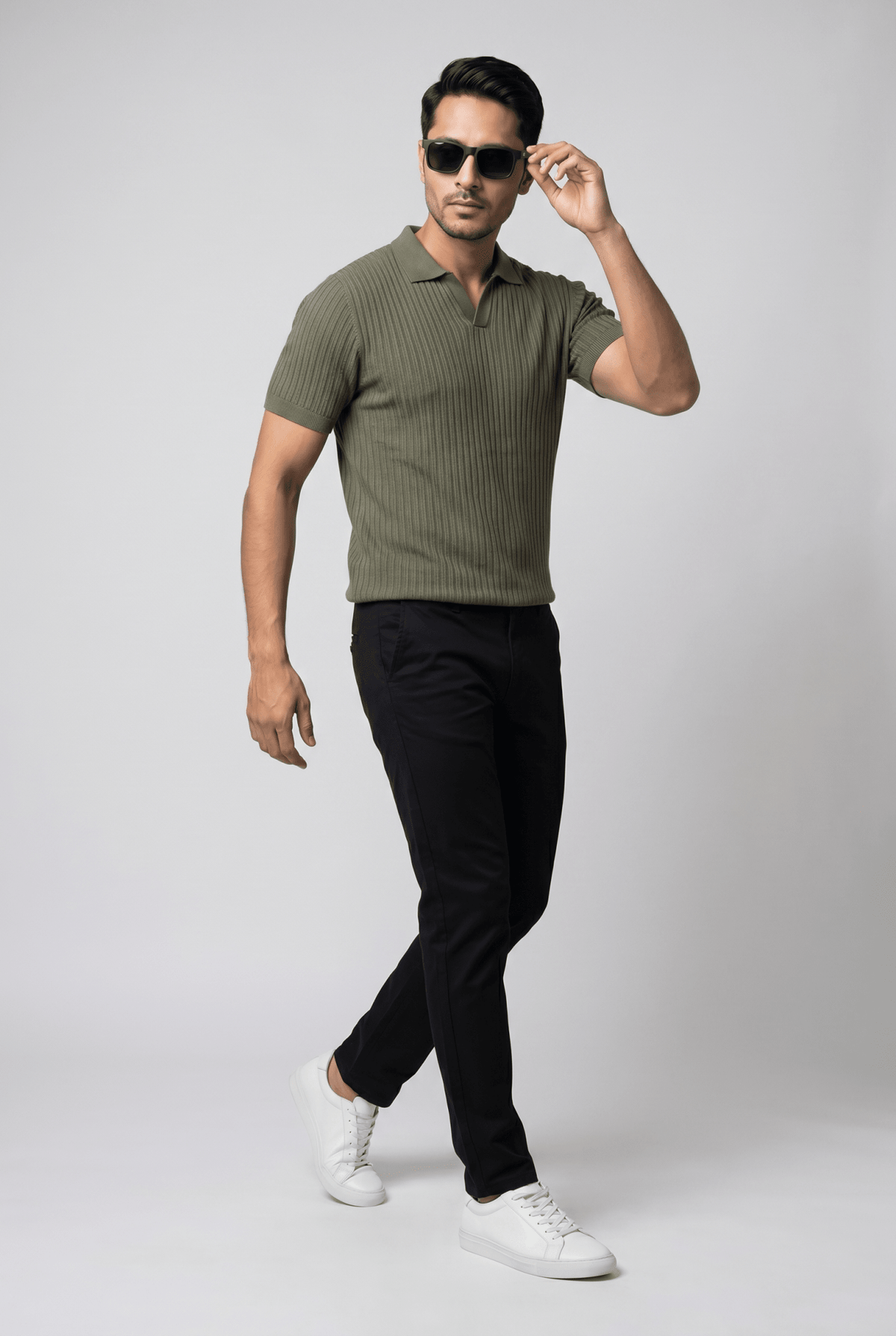 Considered fabric, premium hand-feel — Men's Olive Mist Knitted Polo