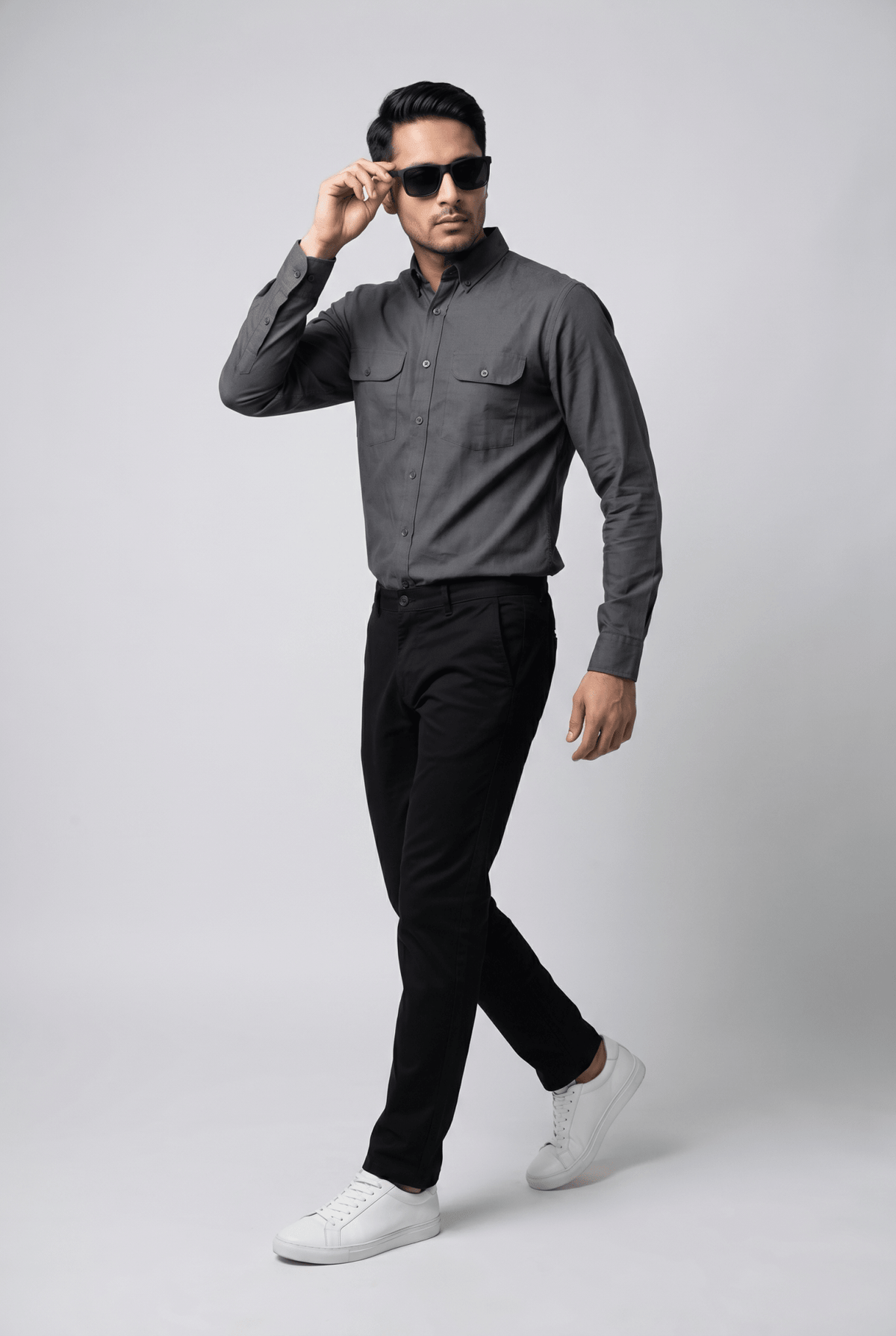 Considered fabric, premium hand-feel — Men's Regal Textured Charcoal Italian-Collar Double-Pocket Shirt