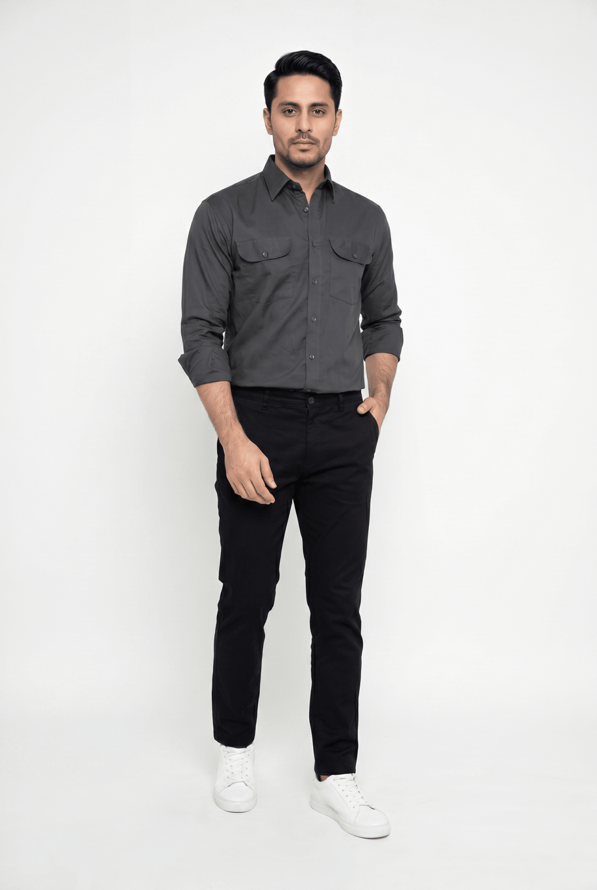 Men's Regal Textured Charcoal Italian-Collar Double-Pocket Shirt - Garderobe Clothing USAGRB-ITC-RTE-S