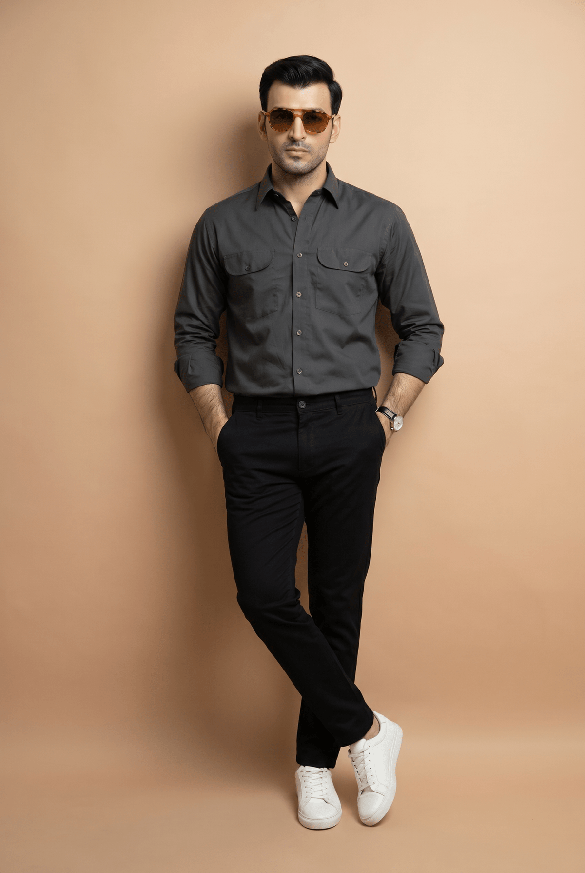 Cut tailored, not tight — Men's Regal Textured Charcoal Italian-Collar Double-Pocket Shirt
