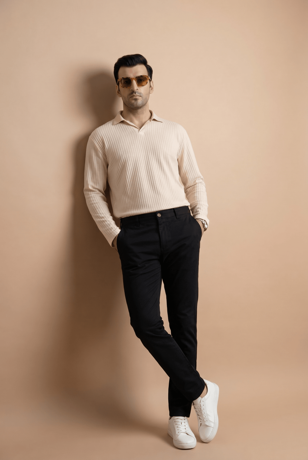 Cut tailored, not tight — Men's Royal Creamy Full-Sleeve Knitted Polo