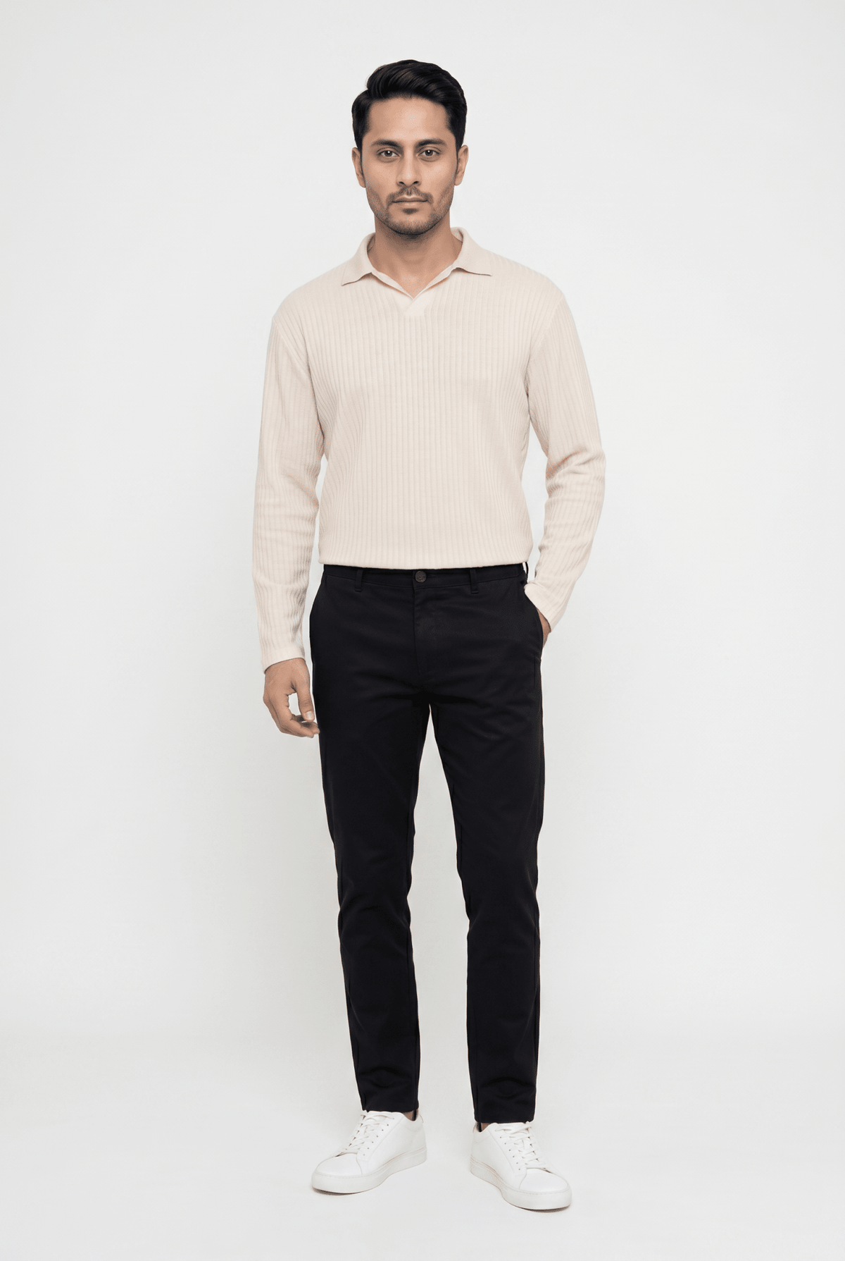 Men's Royal Creamy Full-Sleeve Knitted Polo - Garderobe Clothing USAGRB-FS-RCR-S