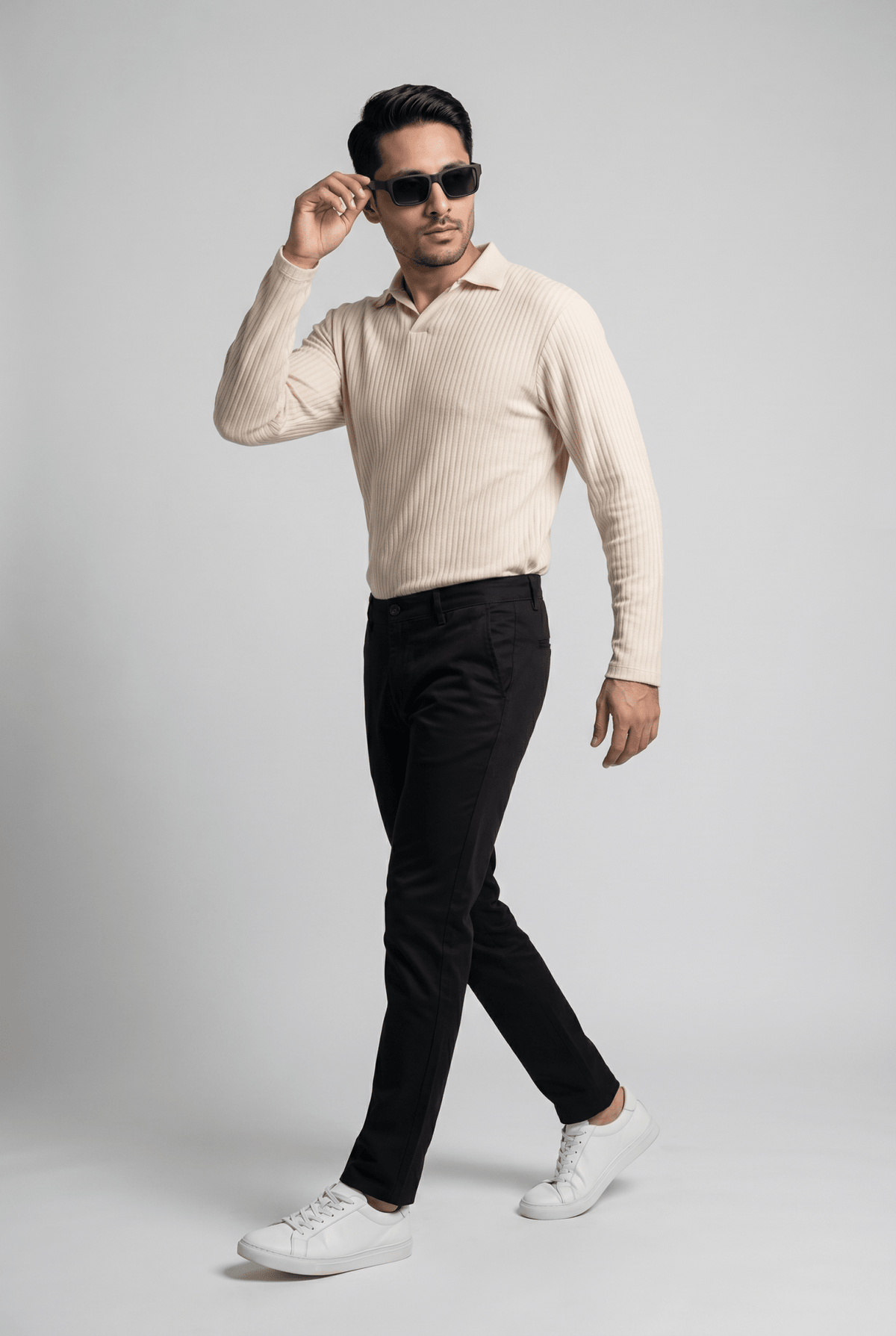 Considered fabric, premium hand-feel — Men's Royal Creamy Full-Sleeve Knitted Polo