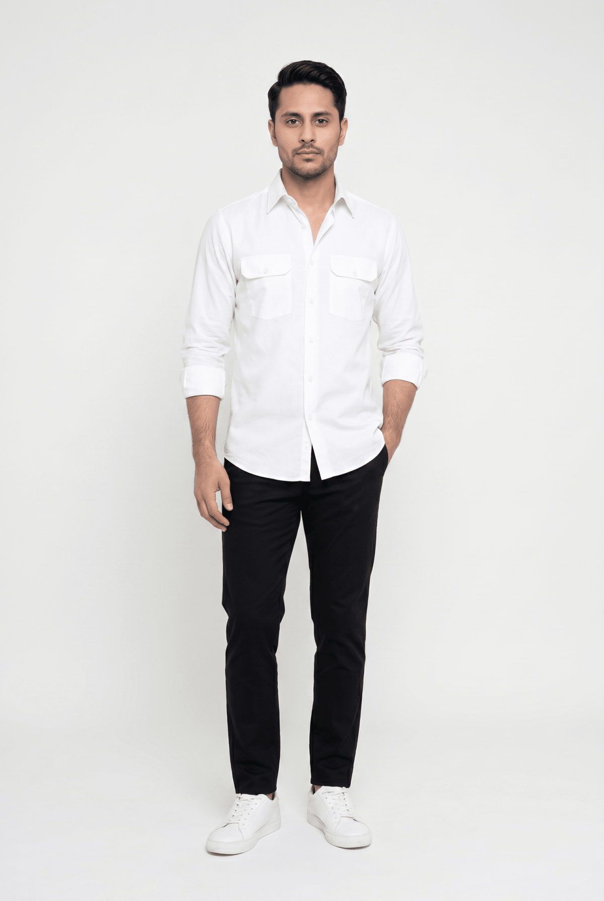 Cut tailored, not tight — Men's Royal Textured White Italian-Collar Double-Pocket Shirt